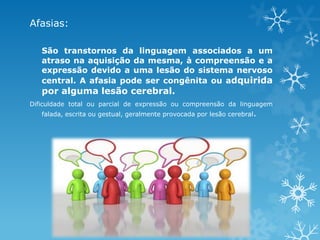 Afasias:
São transtornos da linguagem associados a um
atraso na aquisição da mesma, à compreensão e a
expressão devido a uma lesão do sistema nervoso
central. A afasia pode ser congênita ou adquirida
por alguma lesão cerebral.
Dificuldade total ou parcial de expressão ou compreensão da linguagem
falada, escrita ou gestual, geralmente provocada por lesão cerebral.
 