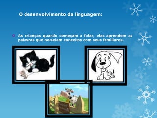 O desenvolvimento da linguagem:
 As crianças quando começam a falar, elas aprendem as
palavras que nomeiam conceitos com seus familiares.
 