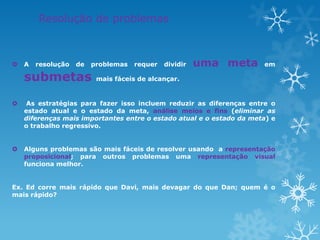 Resolução de problemas
 A resolução de problemas requer dividir uma meta em
submetas mais fáceis de alcançar.
 As estratégias para fazer isso incluem reduzir as diferenças entre o
estado atual e o estado da meta, análise meios e fins (eliminar as
diferenças mais importantes entre o estado atual e o estado da meta) e
o trabalho regressivo.
 Alguns problemas são mais fáceis de resolver usando a representação
proposicional; para outros problemas uma representação visual
funciona melhor.
Ex. Ed corre mais rápido que Davi, mais devagar do que Dan; quem é o
mais rápido?
 