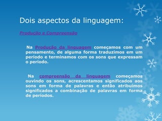 Dois aspectos da linguagem:
Produção e Compreensão
Na Produção da linguagem começamos com um
pensamento, de alguma forma traduzimos em um
período e terminamos com os sons que expressam
o período.
Na compreensão da linguagem começamos
ouvindo os sons, acrescentamos significados aos
sons em forma de palavras e então atribuímos
significados a combinação de palavras em forma
de períodos.
 