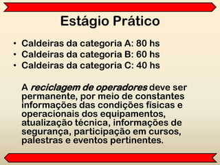 Estágio Prático
• Caldeiras da categoria A: 80 hs
• Caldeiras da categoria B: 60 hs
• Caldeiras da categoria C: 40 hs
A reciclagem de operadores deve ser
permanente, por meio de constantes
informações das condições físicas e
operacionais dos equipamentos,
atualização técnica, informações de
segurança, participação em cursos,
palestras e eventos pertinentes.
 