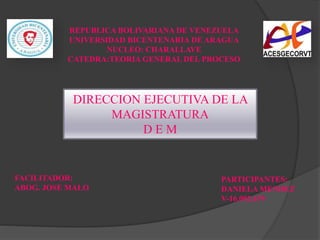 REPUBLICA BOLIVARIANA DE VENEZUELA
UNIVERSIDAD BICENTENARIA DE ARAGUA
NUCLEO: CHARALLAVE
CATEDRA:TEORIA GENERAL DEL PROCESO
FACILITADOR:
ABOG. JOSE MALO
PARTICIPANTES:
DANIELA MENDEZ
V-16.092.679
DIRECCION EJECUTIVA DE LA
MAGISTRATURA
D E M
 