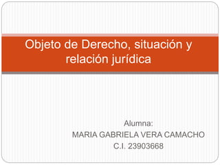 Alumna:
MARIA GABRIELA VERA CAMACHO
C.I. 23903668
Objeto de Derecho, situación y
relación jurídica
 