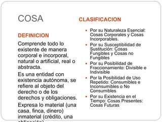 COSA
DEFINICION
CLASIFICACION
Comprende todo lo
existente de manera
corporal e incorporal,
natural o artificial, real o
abstracta.
Es una entidad con
existencia autónoma, se
refiere al objeto del
derecho o de los
derechos y obligaciones.
Expresa lo material (una
casa, finca, dinero)
inmaterial (crédito, una
 Por su Naturaleza Esencial:
Cosas Corporales y Cosas
Incorporables.
 Por su Susceptibilidad de
Sustitución: Cosas
Fungibles y Cosas no
Fungibles
 Por su Posibilidad de
Fraccionamiento: Divisible e
Indivisible
 Por la Posibilidad de Uso
Repetido: Consumibles e
Inconsumibles o No
Consumibles
 Por su Existencia en el
Tiempo: Cosas Presentes:
Cosas Futuras
 