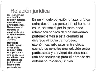 Relación jurídica
Du Pasquier que
nos dice “La
relación Jurídica
es el vínculo
entre personas.
Una está en el
derecho de
exigir de la otra
el cumplimiento
de un deber
Jurídico”
Hay cierto
jurista que no
creen en la
relación entre
una persona y
una cosa, pues
establecen que
las relaciones
jurídicas solo
nacen entre
particulares.
Es un vinculo conexión o lazo jurídico
entre dos o mas personas, el hombre
es un ser social por lo tanto hace
relaciones con los demás individuos
pertenecientes a esta creando así
diversos vínculos, amorosos,
económico, religiosos entre otros,
cuando se concibe una relación entre
particulares y en virtud de ellos nace
una consecuencia para el derecho se
determina relación jurídica.
 