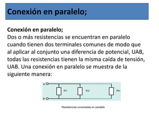 Conexión en paralelo;Conexión en paralelo;Dos o más resistencias se encuentran en paralelo cuando tienen dos terminales comunes de modo que al aplicar al conjunto una diferencia de potencial, UAB, todas las resistencias tienen la misma caída de tensión, UAB. Una conexión en paralelo se muestra de la siguiente manera:Resistencias conectadas en paralelo