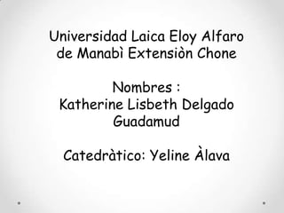 Universidad Laica Eloy Alfaro
de Manabì Extensiòn Chone
Nombres :
Katherine Lisbeth Delgado
Guadamud
Catedràtico: Yeline Àlava

 