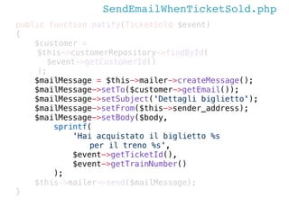 SellTicketHandler.php
public function handle(SellTicket $command)
{
if ($command->getCustomerId() == 42) {
throw new Custo...