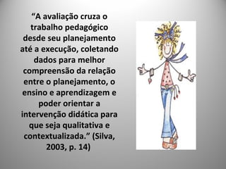 “A avaliação cruza o
trabalho pedagógico
desde seu planejamento
até a execução, coletando
dados para melhor
compreensão da relação
entre o planejamento, o
ensino e aprendizagem e
poder orientar a
intervenção didática para
que seja qualitativa e
contextualizada.” (Silva,
2003, p. 14)
 