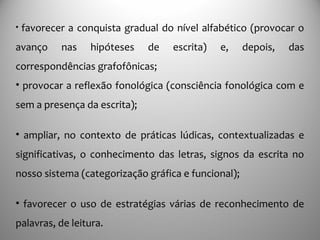 • favorecer a conquista gradual do nível alfabético (provocar o
avanço nas hipóteses de escrita) e, depois, das
correspondências grafofônicas;
• provocar a reflexão fonológica (consciência fonológica com e
sem a presença da escrita);
• ampliar, no contexto de práticas lúdicas, contextualizadas e
significativas, o conhecimento das letras, signos da escrita no
nosso sistema (categorização gráfica e funcional);
• favorecer o uso de estratégias várias de reconhecimento de
palavras, de leitura.
 