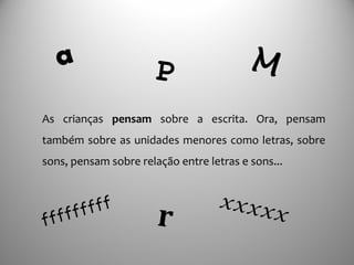 As crianças pensam sobre a escrita. Ora, pensam
também sobre as unidades menores como letras, sobre
sons, pensam sobre relação entre letras e sons...
a
fffffffff
r
MP
xxxxx
 