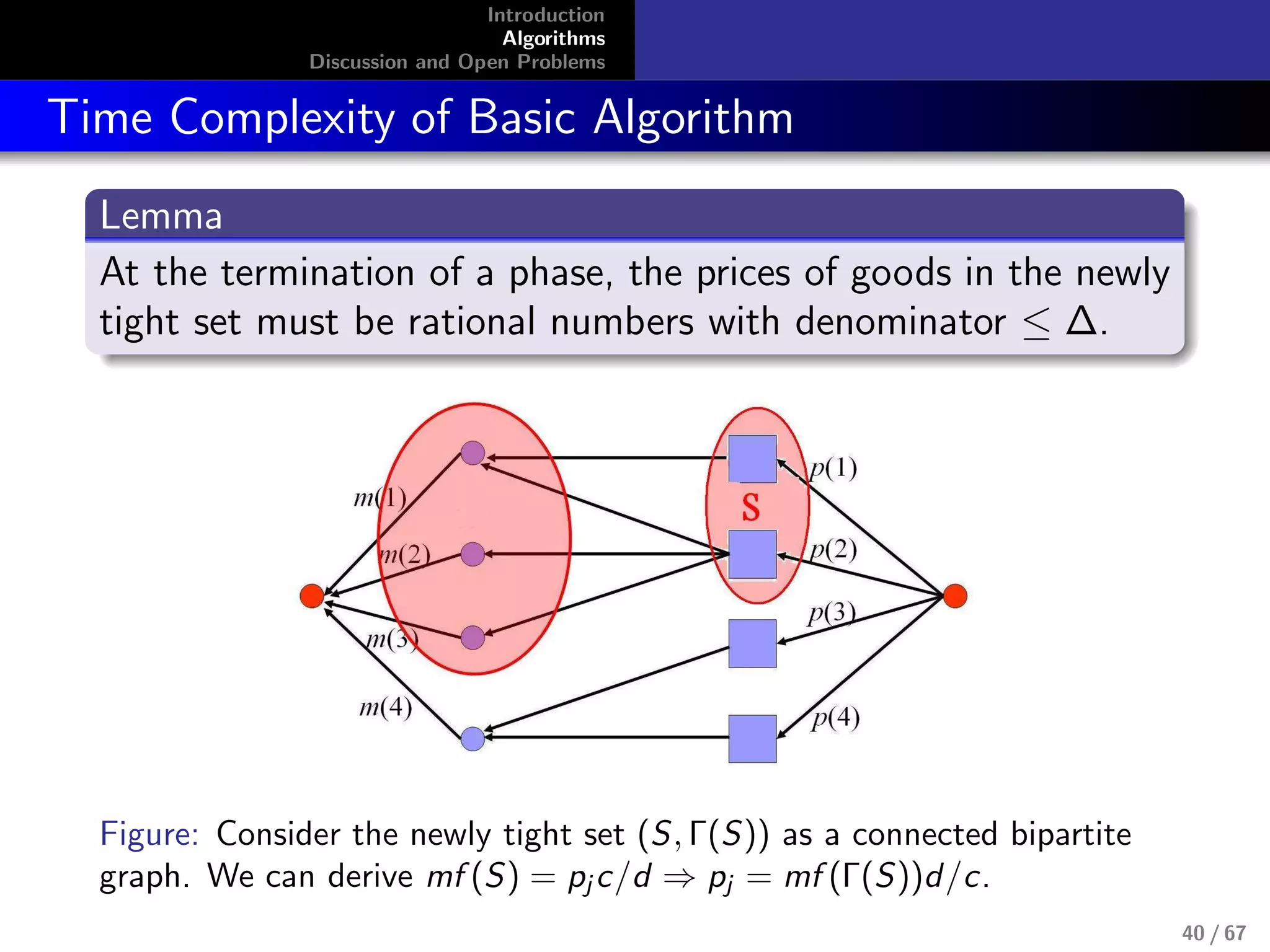 Introduction
Algorithms
Discussion and Open Problems
Time Complexity of Basic Algorithm
Lemma
At the termination of a phase, the prices of goods in the newly
tight set must be rational numbers with denominator ≤ ∆.
Figure: Consider the newly tight set (S, Γ(S)) as a connected bipartite
graph. We can derive mf (S) = pj c/d ⇒ pj = mf (Γ(S))d/c.
40 / 67
 