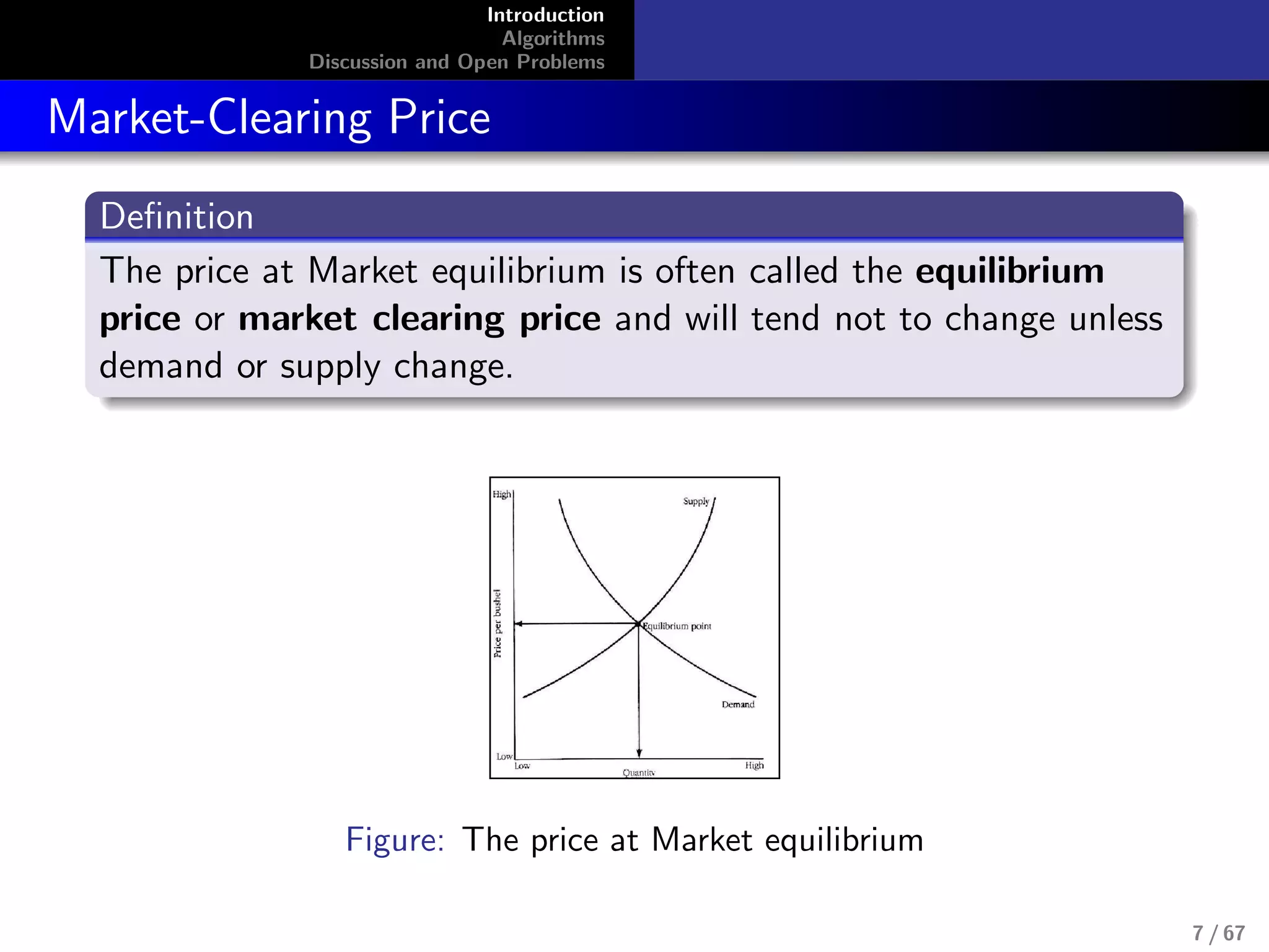 Introduction
Algorithms
Discussion and Open Problems
Market-Clearing Price
Deﬁnition
The price at Market equilibrium is often called the equilibrium
price or market clearing price and will tend not to change unless
demand or supply change.
Figure: The price at Market equilibrium
7 / 67
 