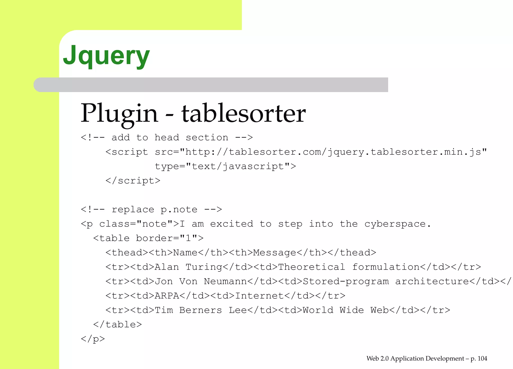 Jquery

 Plugin - tablesorter
 <!-- add to head section -->
     <script src="http://tablesorter.com/jquery.tablesorter.min.js"
             type="text/javascript">
     </script>

 <!-- replace p.note -->
 <p class="note">I am excited to step into the cyberspace.
   <table border="1">
     <thead><th>Name</th><th>Message</th></thead>
     <tr><td>Alan Turing</td><td>Theoretical formulation</td></tr>
     <tr><td>Jon Von Neumann</td><td>Stored-program architecture</t
     <tr><td>ARPA</td><td>Internet</td></tr>
     <tr><td>Tim Berners Lee</td><td>World Wide Web</td></tr>
   </table>
 </p>
                                               Web 2.0 Application Development – p. 10
 