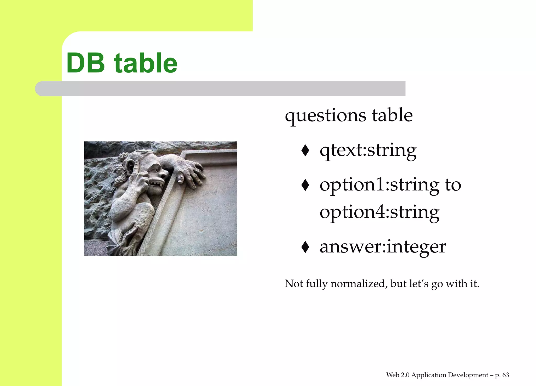 DB table
           questions table
                  qtext:string
                  option1:string to
                  option4:string
                  answer:integer
           Not fully normalized, but let’s go with it.




                                 Web 2.0 Application Development – p. 6
 