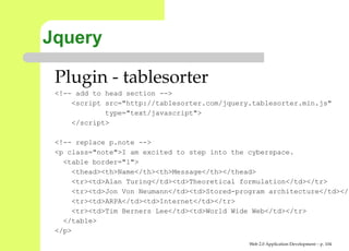 Jquery

 Plugin - tablesorter
 <!-- add to head section -->
     <script src="http://tablesorter.com/jquery.tablesorter.min.js"
             type="text/javascript">
     </script>

 <!-- replace p.note -->
 <p class="note">I am excited to step into the cyberspace.
   <table border="1">
     <thead><th>Name</th><th>Message</th></thead>
     <tr><td>Alan Turing</td><td>Theoretical formulation</td></tr>
     <tr><td>Jon Von Neumann</td><td>Stored-program architecture</t
     <tr><td>ARPA</td><td>Internet</td></tr>
     <tr><td>Tim Berners Lee</td><td>World Wide Web</td></tr>
   </table>
 </p>
                                               Web 2.0 Application Development – p. 10
 