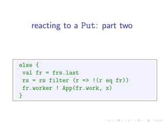 reacting to a Put: part two



else {
 val fr = frs.last
 rs = rs filter (r => !(r eq fr))
 fr.worker ! App(fr.work, x)
}
 