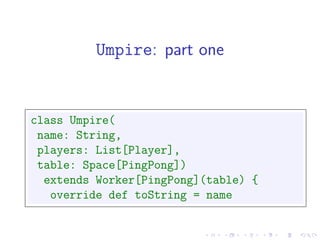 Umpire: part one


class Umpire(
 name: String,
 players: List[Player],
 table: Space[PingPong])
  extends Worker[PingPong](table) {
   override def toString = name
 