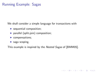 Running Example: Sagas



  We shall consider a simple language for transactions with
      sequential composition;
      parallel (split-join) composition;
      compensations;
      saga scoping.
  This example is inspired by the Nested Sagas of [BMM05].
 