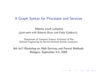 A Graph Syntax for Processes and Services

                   Alberto Lluch Lafuente
    (joint-work with Roberto Bruni and Fabio Gadducci)

         Department of Computer Science, University of Pisa
    Software Engineering for Service-Oriented Overlay Computers


6th Int’l Workshop on Web Services and Formal Methods
             Bologna, September 4-5, 2009
 