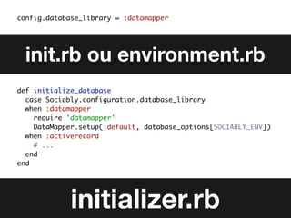 config.database_library = :datamapper




  init.rb ou environment.rb
def initialize_database
  case Sociably.configuration.database_library
  when :datamapper
    require 'datamapper'
    DataMapper.setup(:default, database_options[SOCIABLY_ENV])
  when :activerecord
    # ...
  end
end




             initializer.rb
 