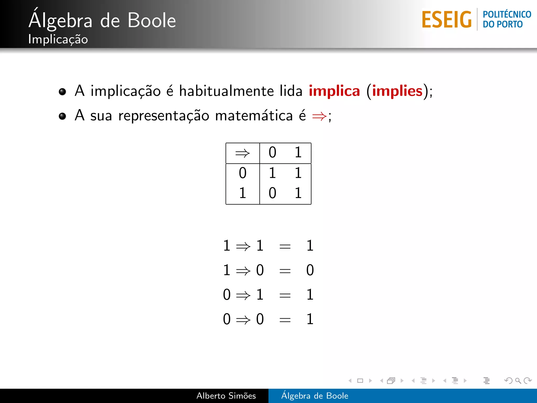 ´
Algebra de Boole
Implica¸˜o
       ca


       A implica¸˜o ´ habitualmente lida implica (implies);
                ca e
       A sua representa¸˜o matem´tica ´ ⇒;
                       ca       a     e

                                 ⇒       0      1
                                 0       1      1
                                 1       0      1


                              1⇒1 = 1
                              1⇒0 = 0
                              0⇒1 = 1
                              0⇒0 = 1



                        Alberto Sim˜es
                                   o         ´
                                             Algebra de Boole
 