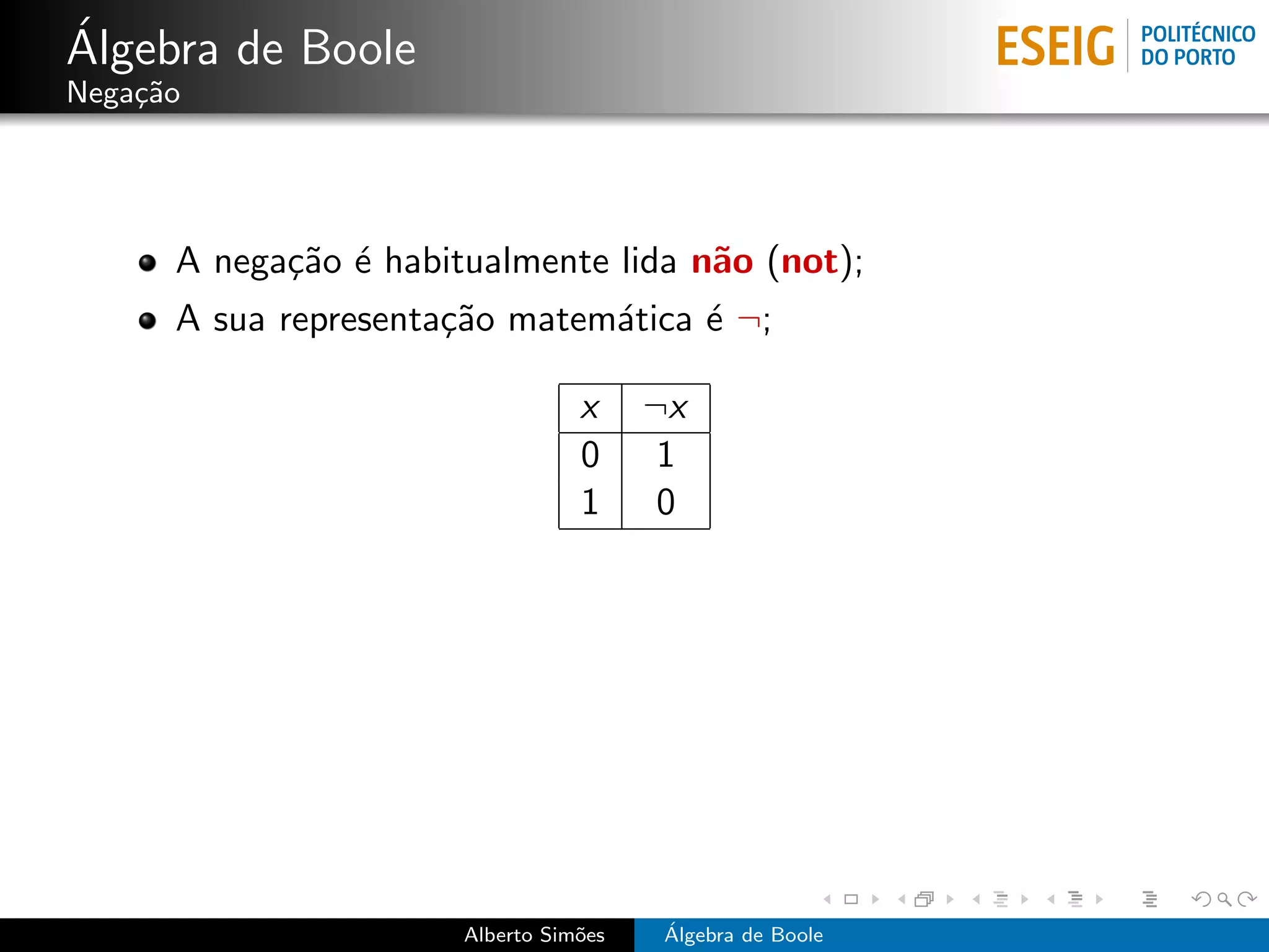 ´
Algebra de Boole
Nega¸˜o
    ca




      A nega¸˜o ´ habitualmente lida n˜o (not);
            ca e                      a
      A sua representa¸˜o matem´tica ´ ¬;
                      ca       a     e

                                  x     ¬x
                                  0      1
                                  1      0




                       Alberto Sim˜es
                                  o      ´
                                         Algebra de Boole
 
