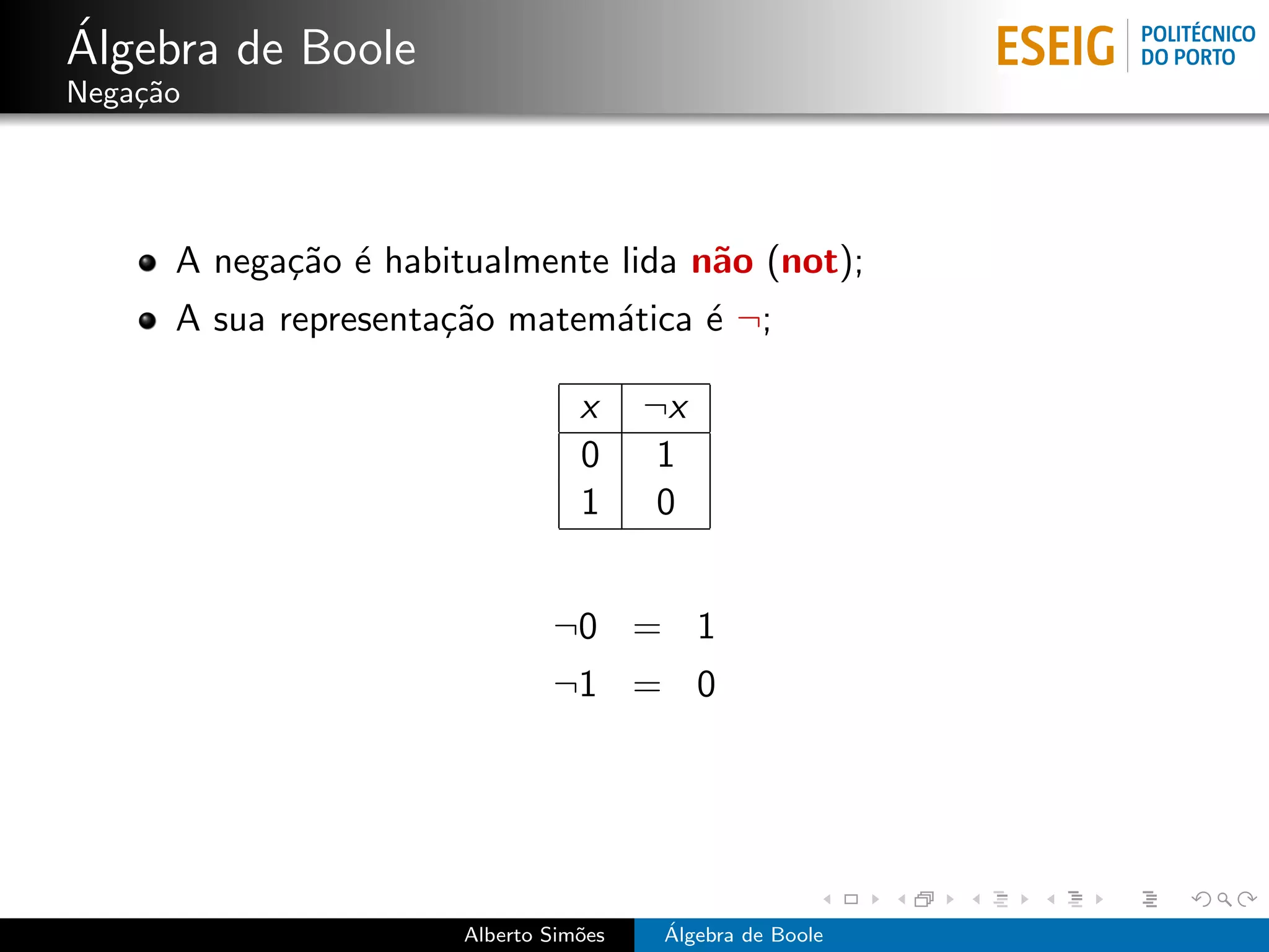 ´
Algebra de Boole
Nega¸˜o
    ca




      A nega¸˜o ´ habitualmente lida n˜o (not);
            ca e                      a
      A sua representa¸˜o matem´tica ´ ¬;
                      ca       a     e

                                  x     ¬x
                                  0      1
                                  1      0


                               ¬0 = 1
                               ¬1 = 0




                       Alberto Sim˜es
                                  o      ´
                                         Algebra de Boole
 