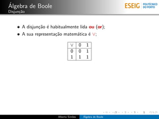 ´
Algebra de Boole
Disjun¸˜o
      ca


       A disjun¸˜o ´ habitualmente lida ou (or);
               ca e
       A sua representa¸˜o matem´tica ´ ∨;
                       ca       a     e

                                 ∨       0     1
                                 0       0     1
                                 1       1     1




                        Alberto Sim˜es
                                   o         ´
                                             Algebra de Boole
 