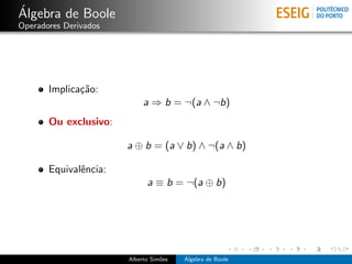 ´
Algebra de Boole
Operadores Derivados




       Implica¸˜o:
              ca
                            a ⇒ b = ¬(a ∧ ¬b)
       Ou exclusivo:

                       a ⊕ b = (a ∨ b) ∧ ¬(a ∧ b)

       Equivalˆncia:
              e
                             a ≡ b = ¬(a ⊕ b)




                       Alberto Sim˜es
                                  o     ´
                                        Algebra de Boole
 