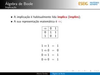 ´
Algebra de Boole
Implica¸˜o
       ca


       A implica¸˜o ´ habitualmente lida implica (implies);
                ca e
       A sua representa¸˜o matem´tica ´ ⇒;
                       ca       a     e

                                 ⇒       0      1
                                 0       1      1
                                 1       0      1


                              1⇒1 = 1
                              1⇒0 = 0
                              0⇒1 = 1
                              0⇒0 = 1



                        Alberto Sim˜es
                                   o         ´
                                             Algebra de Boole
 