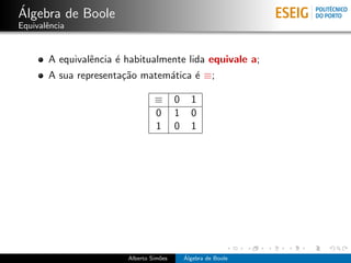 ´
Algebra de Boole
Equivalˆncia
       e


       A equivalˆncia ´ habitualmente lida equivale a;
                e     e
       A sua representa¸˜o matem´tica ´ ≡;
                       ca       a     e

                                 ≡       0     1
                                 0       1     0
                                 1       0     1




                        Alberto Sim˜es
                                   o         ´
                                             Algebra de Boole
 