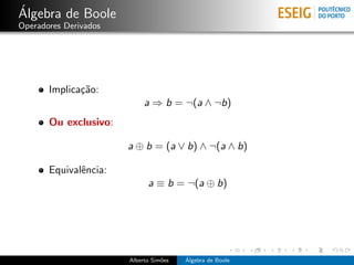 ´
Algebra de Boole
Operadores Derivados




       Implica¸˜o:
              ca
                            a ⇒ b = ¬(a ∧ ...