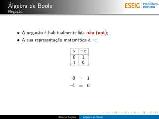 ´
Algebra de Boole
Nega¸˜o
    ca




      A nega¸˜o ´ habitualmente lida n˜o (not);
            ca e                    ...