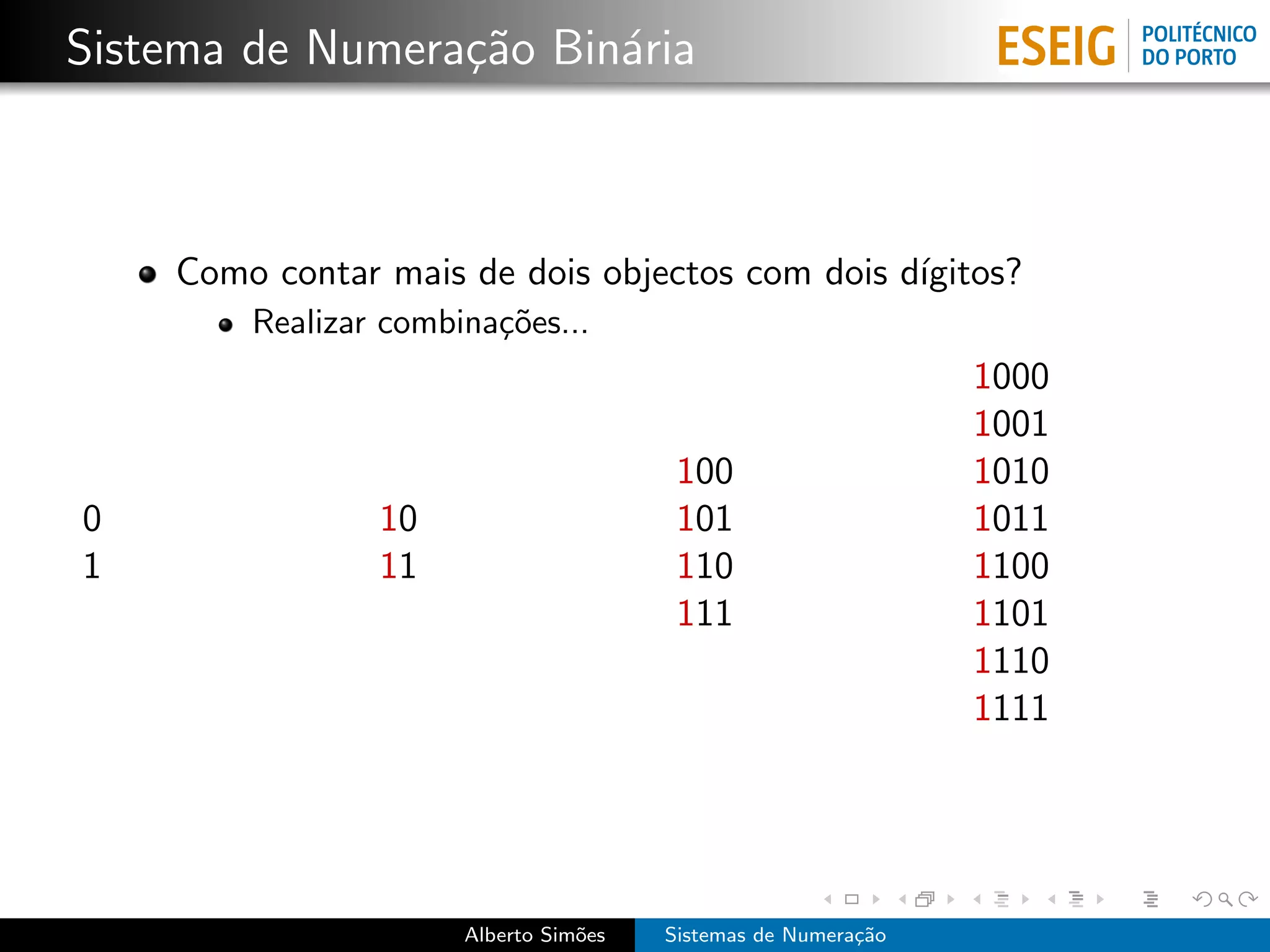 Sistema de Numera¸˜o Bin´ria
                 ca     a



    Como contar mais de dois objectos com dois d´
                                                ıgitos?
        Realizar combina¸˜es...
                        co
                                                               1000
                                                               1001
                                        100                    1010
0               10                      101                    1011
1               11                      110                    1100
                                        111                    1101
                                                               1110
                                                               1111




                      Alberto Sim˜es
                                 o     Sistemas de Numera¸˜o
                                                         ca
 