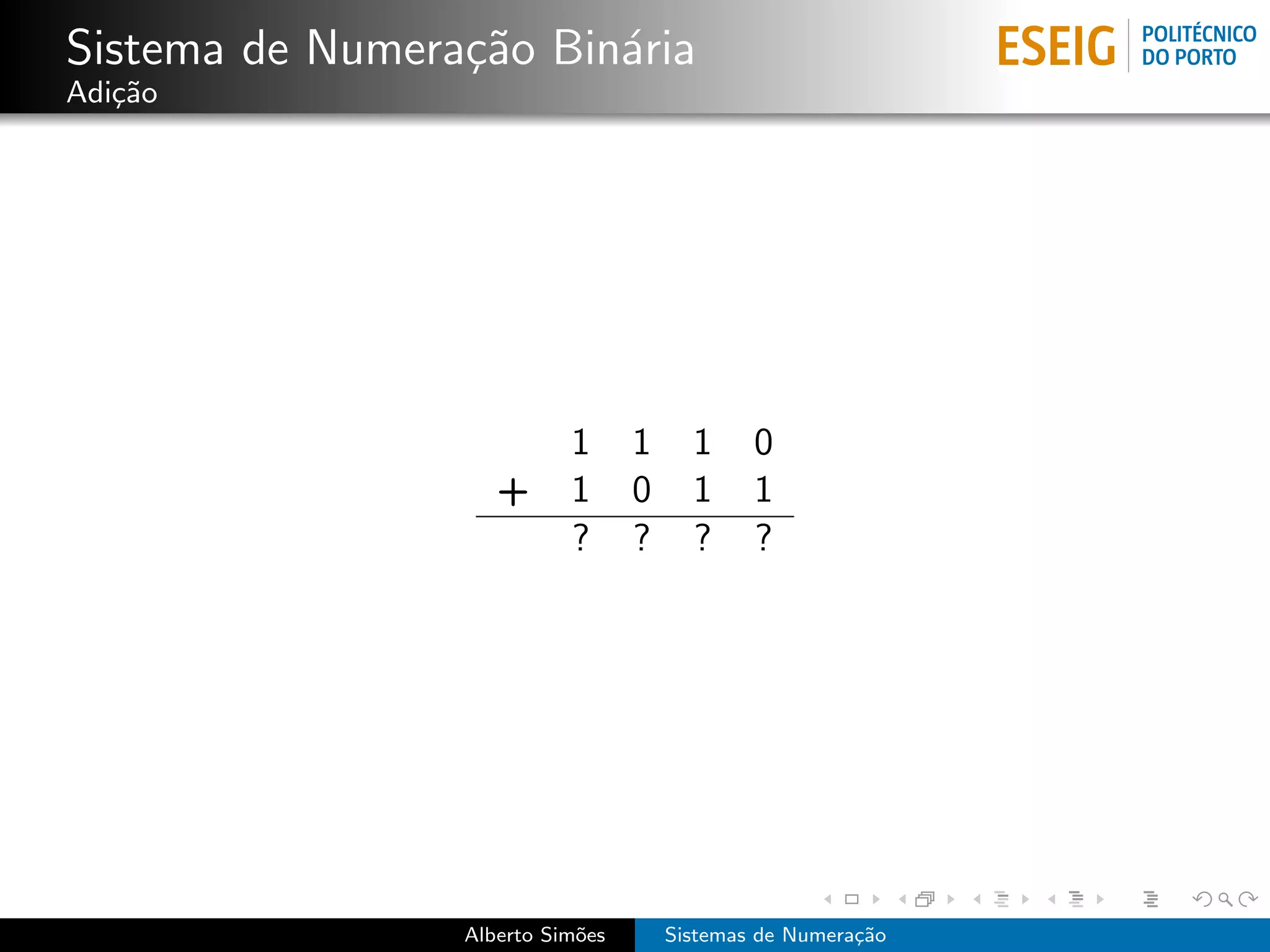 Sistema de Numera¸˜o Bin´ria
                 ca     a
Adi¸˜o
   ca




                           1      1     1     0
                    +      1      0     1     1
                           ?      ?     ?     ?




                 Alberto Sim˜es
                            o         Sistemas de Numera¸˜o
                                                        ca
 