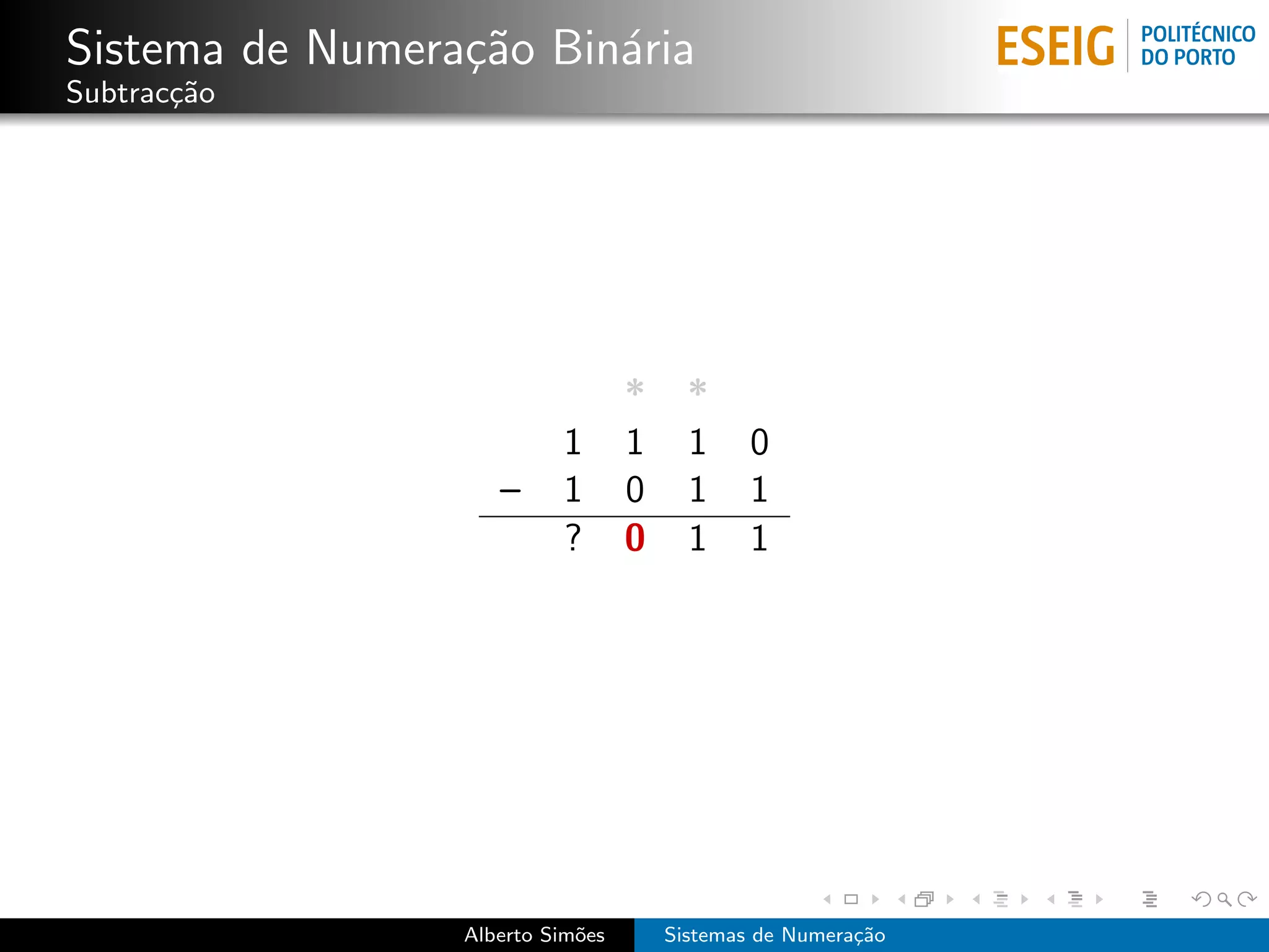 Sistema de Numera¸˜o Bin´ria
                 ca     a
Subtrac¸˜o
       ca




                                  *     *
                          1       1     1     0
                    –     1       0     1     1
                          ?       0     1     1




                 Alberto Sim˜es
                            o         Sistemas de Numera¸˜o
                                                        ca
 