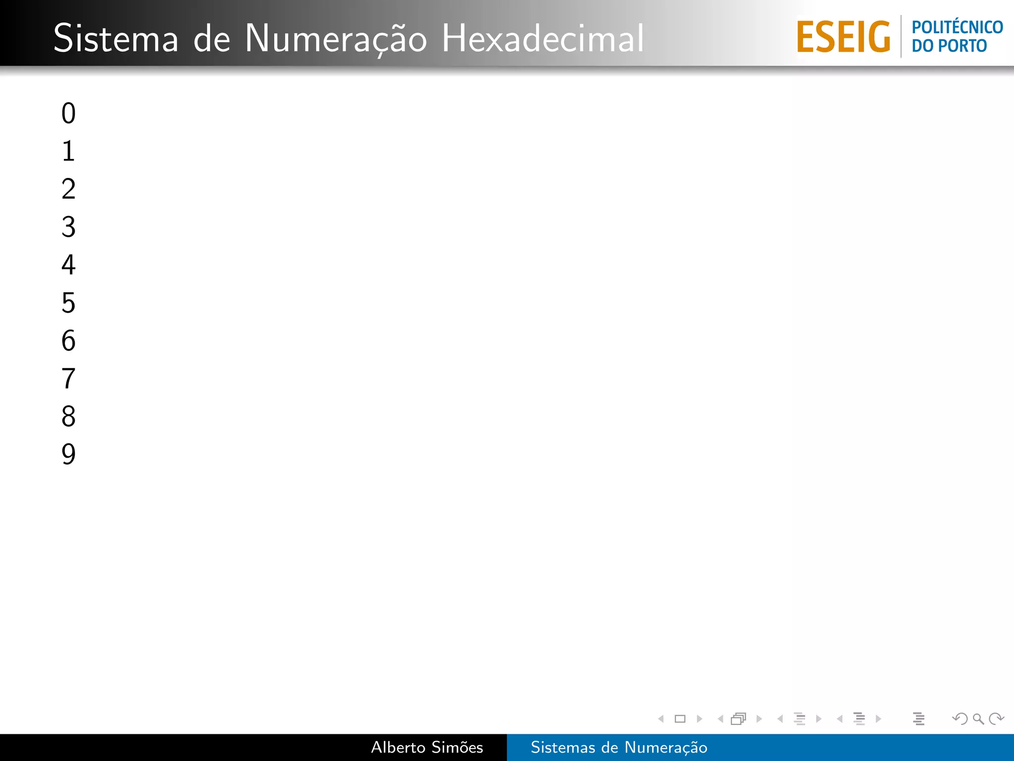 Sistema de Numera¸˜o Hexadecimal
                 ca
0
1
2
3
4
5
6
7
8
9




                 Alberto Sim˜es
                            o     Sistemas de Numera¸˜o
                                                    ca
 