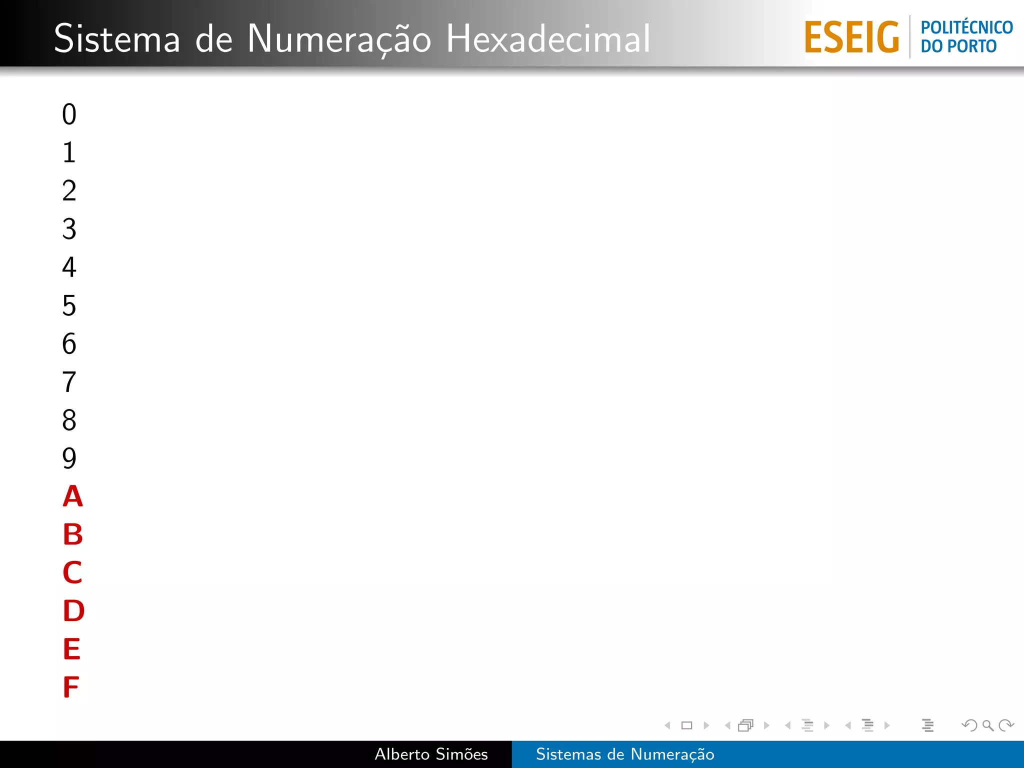 Sistema de Numera¸˜o Hexadecimal
                 ca
0
1
2
3
4
5
6
7
8
9
A
B
C
D
E
F

                 Alberto Sim˜es
                            o     Sistemas de Numera¸˜o
                                                    ca
 