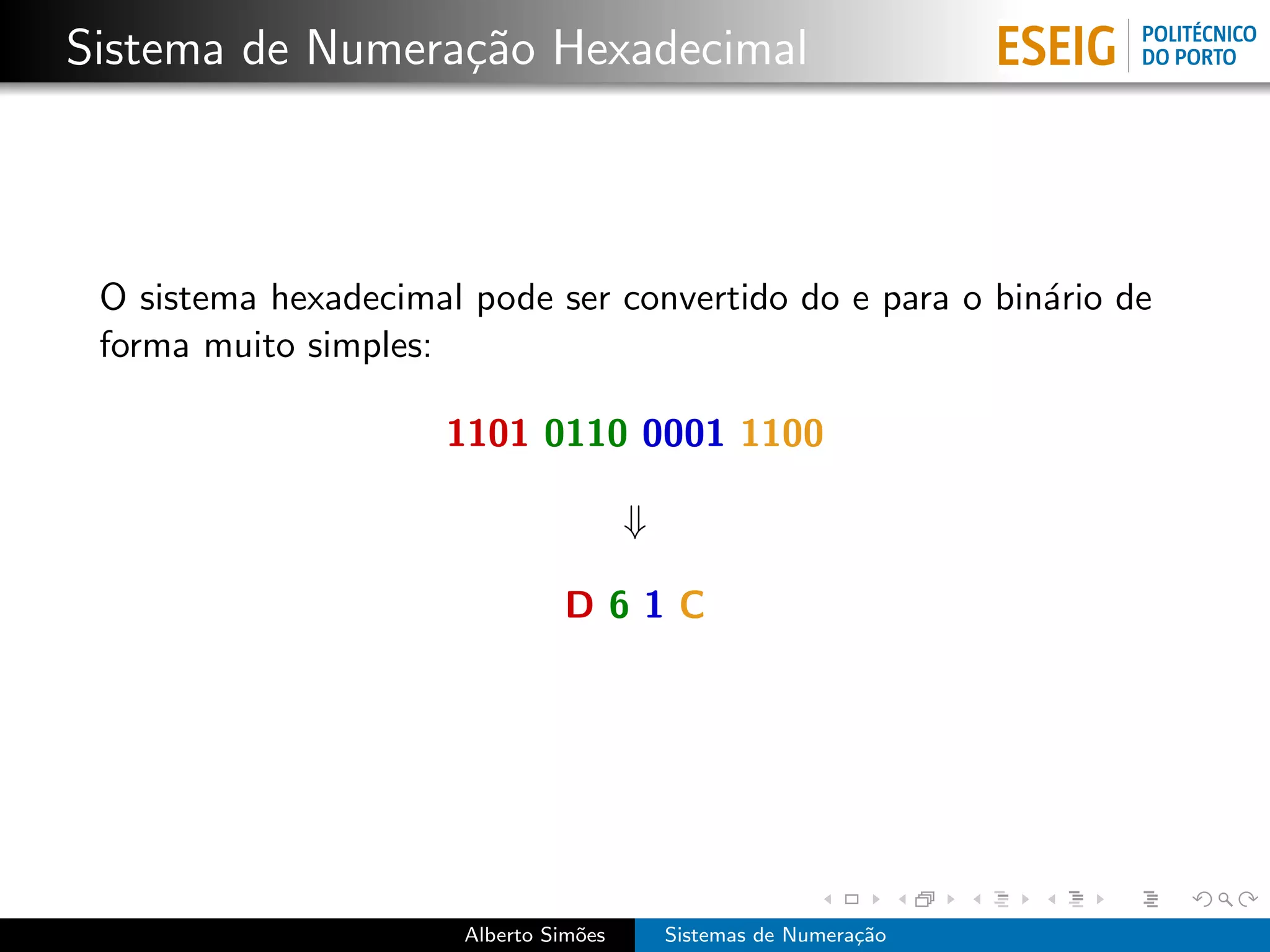 Sistema de Numera¸˜o Hexadecimal
                 ca



 O sistema hexadecimal pode ser convertido do e para o bin´rio de
                                                          a
 forma muito simples:

                      1101 0110 0001 1100

                                        ⇓

                                D61C




                       Alberto Sim˜es
                                  o         Sistemas de Numera¸˜o
                                                              ca
 