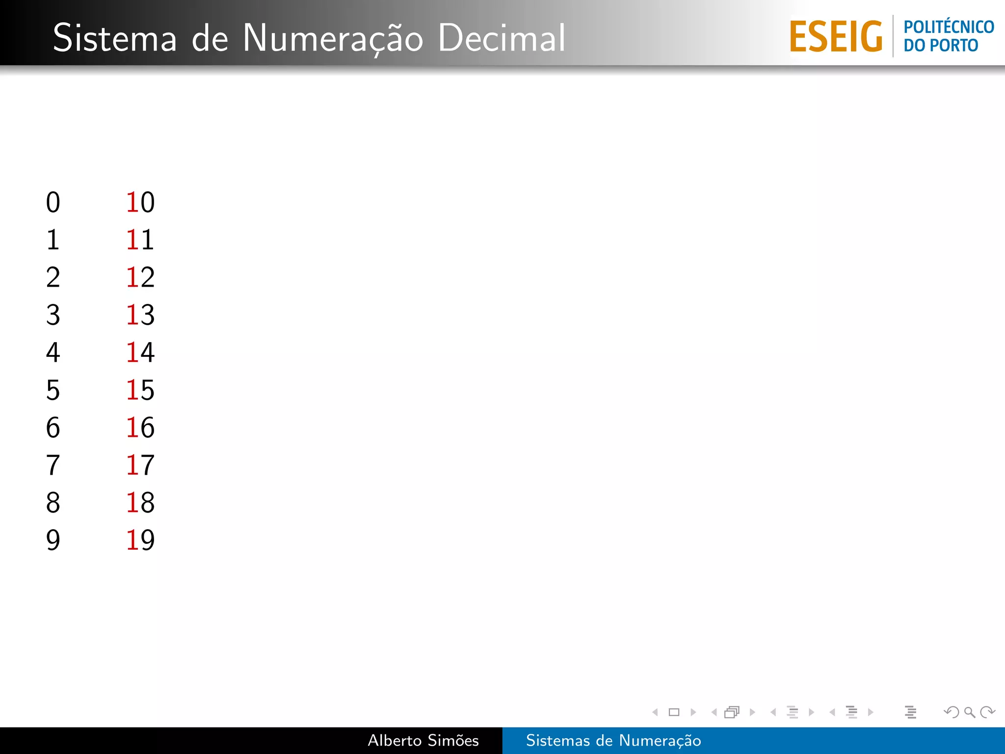 Sistema de Numera¸˜o Decimal
                 ca



0   10
1   11
2   12
3   13
4   14
5   15
6   16
7   17
8   18
9   19




                 Alberto Sim˜es
                            o     Sistemas de Numera¸˜o
                                                    ca
 