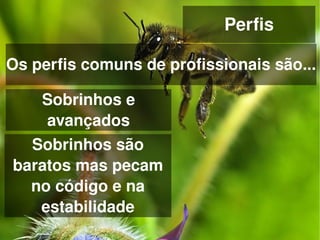 Perfis

Os perfis comuns de profissionais são...

   Sobrinhos e 
    avançados
  Sobrinhos são 
baratos mas pecam 
  no código e na 
   estabilidade
                    
 