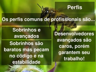 Perfis

Os perfis comuns de profissionais são...

     Sobrinhos e 
     avançados     Desenvolvedores 
                    avançados são 
  Sobrinhos são 
                     caros, porém 
baratos mas pecam 
                     garantem seu 
  no código e na 
                       trabalho!
   estabilidade
                     
 