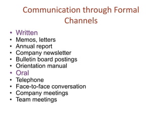 Communication through Formal
Channels
• Written
• Memos, letters
• Annual report
• Company newsletter
• Bulletin board postings
• Orientation manual
• Oral
• Telephone
• Face-to-face conversation
• Company meetings
• Team meetings
 