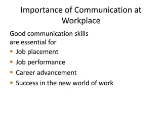 Importance of Communication at
Workplace
Good communication skills
are essential for
 Job placement
 Job performance
 Career advancement
 Success in the new world of work
 