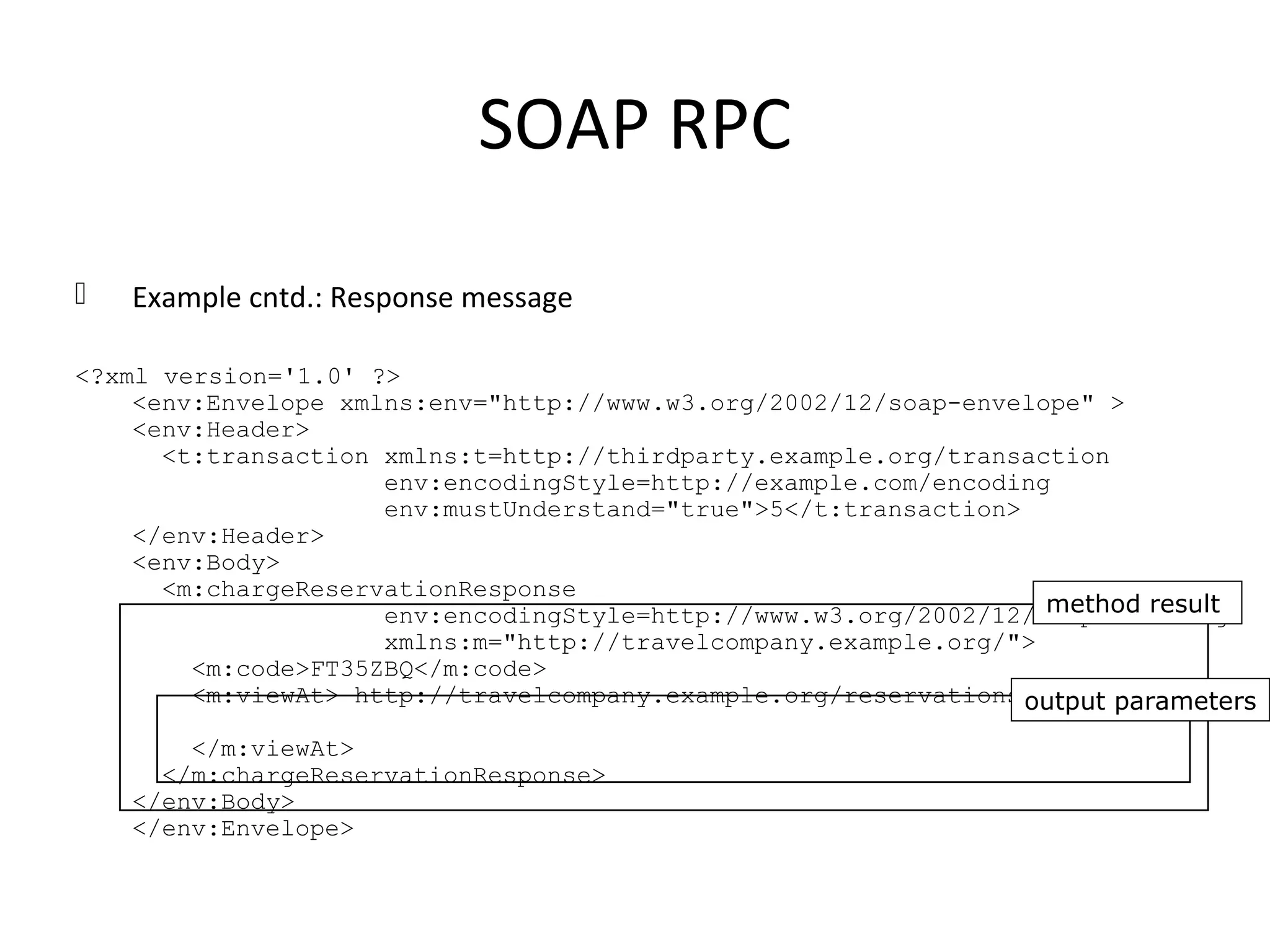 SOAP RPC
 Example cntd.: Response message
<?xml version='1.0' ?>
<env:Envelope xmlns:env="http://www.w3.org/2002/12/soap-envelope" >
<env:Header>
<t:transaction xmlns:t=http://thirdparty.example.org/transaction
env:encodingStyle=http://example.com/encoding
env:mustUnderstand="true">5</t:transaction>
</env:Header>
<env:Body>
<m:chargeReservationResponse
env:encodingStyle=http://www.w3.org/2002/12/soap-encoding
xmlns:m="http://travelcompany.example.org/">
<m:code>FT35ZBQ</m:code>
<m:viewAt> http://travelcompany.example.org/reservations?code=FT35ZBQ
</m:viewAt>
</m:chargeReservationResponse>
</env:Body>
</env:Envelope>
method result
output parameters
 