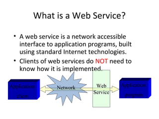 What is a Web Service?
• A web service is a network accessible
interface to application programs, built
using standard Internet technologies.
• Clients of web services do NOT need to
know how it is implemented.
Application
client
Application
program
Network Web
Service
 