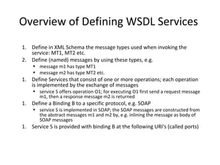 Overview of Defining WSDL Services
1. Define in XML Schema the message types used when invoking the
service: MT1, MT2 etc.
2. Define (named) messages by using these types, e.g.
• message m1 has type MT1
• message m2 has type MT2 etc.
1. Define Services that consist of one or more operations; each operation
is implemented by the exchange of messages
• service S offers operation O1; for executing O1 first send a request message
m1, then a response message m2 is returned
1. Define a Binding B to a specific protocol, e.g. SOAP
• service S is implemented in SOAP; the SOAP messages are constructed from
the abstract messages m1 and m2 by, e.g. inlining the message as body of
SOAP messages
1. Service S is provided with binding B at the following URI's (called ports)
 