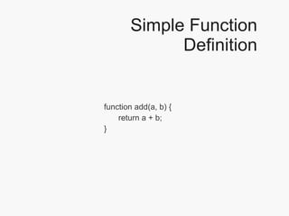 Simple Function Definition function add(a, b) { return a + b; } 