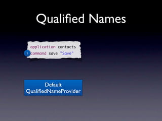 Qualiﬁed Names
 application contacts
1 command save "Save"




       Default
QualiﬁedNameProvider
 
